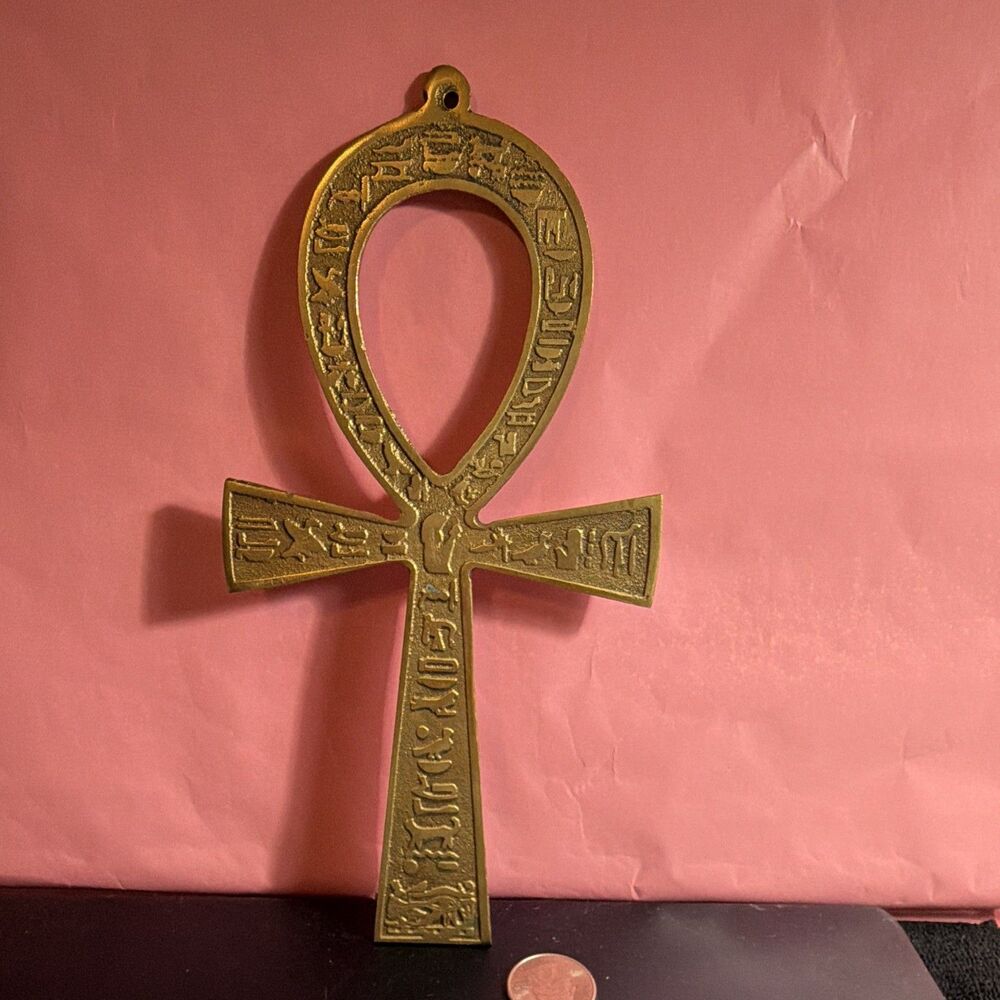 Vintage Brass Egyptian Ankh Wall Hanging 7.5" Key of Life Cross Hieroglyphics